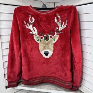 Wonder Nation Girls Red Plush Reindeer Holiday Sweater Sz 6-6X Sequin‎ Christmas